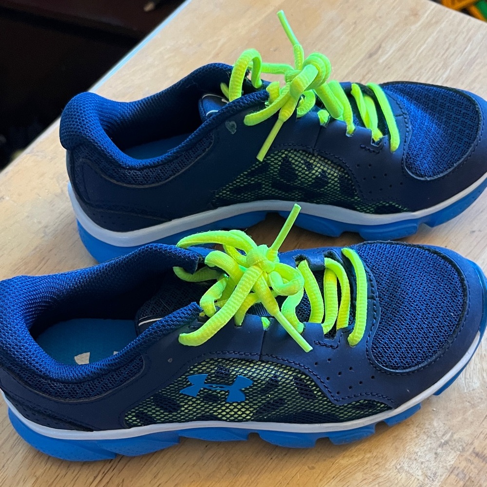 Under Armour Kids' Blue and Neon Yellow Sneakers 2Y